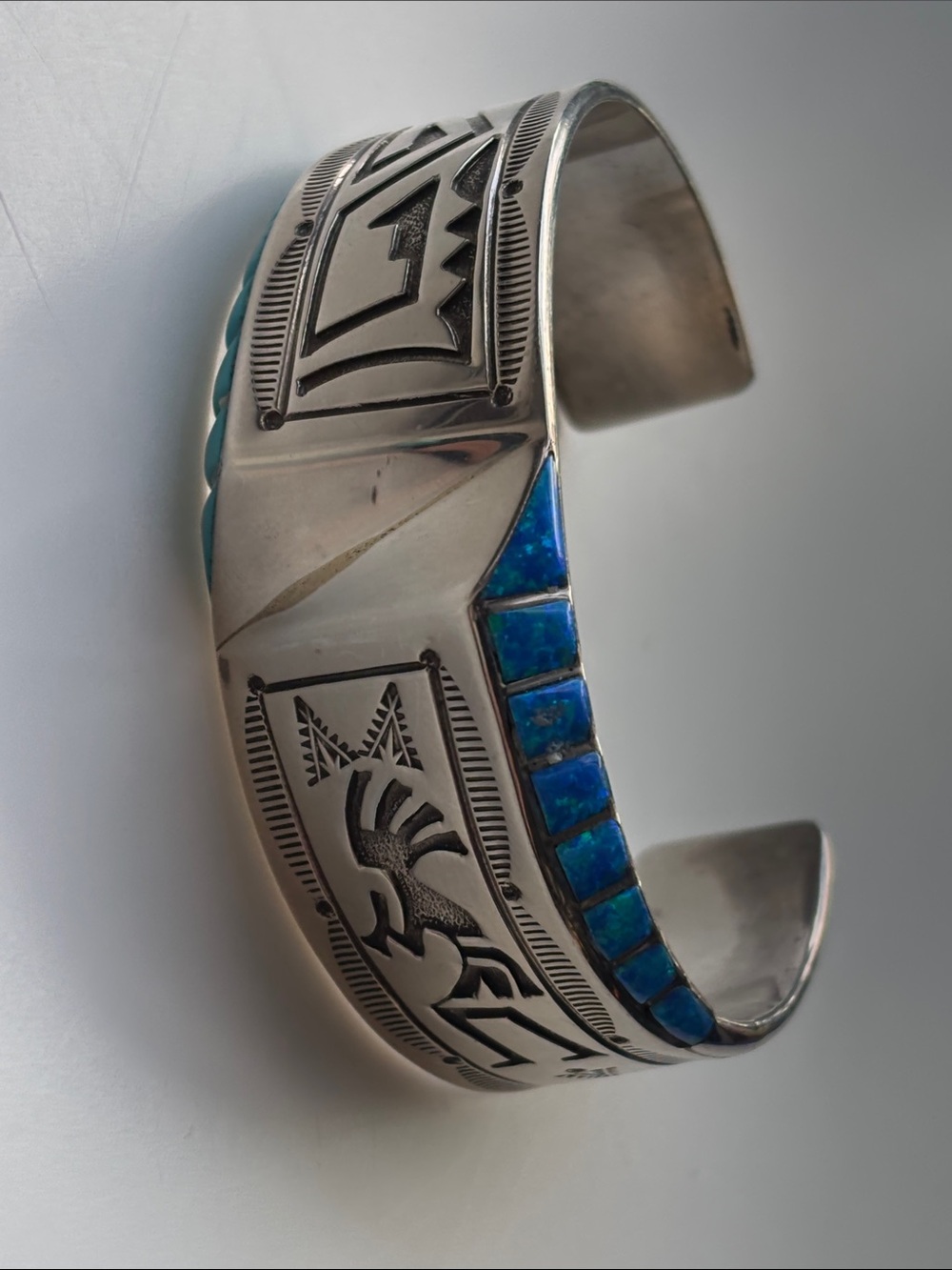 Turquoise Inlay Sterling Silver Kokopelli Cuff Bracelet - Picture 6 of 6